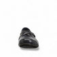 Clarks Ashland Spin Q black leather slip-on shoe with crisscross straps and contrast stitching. front view.