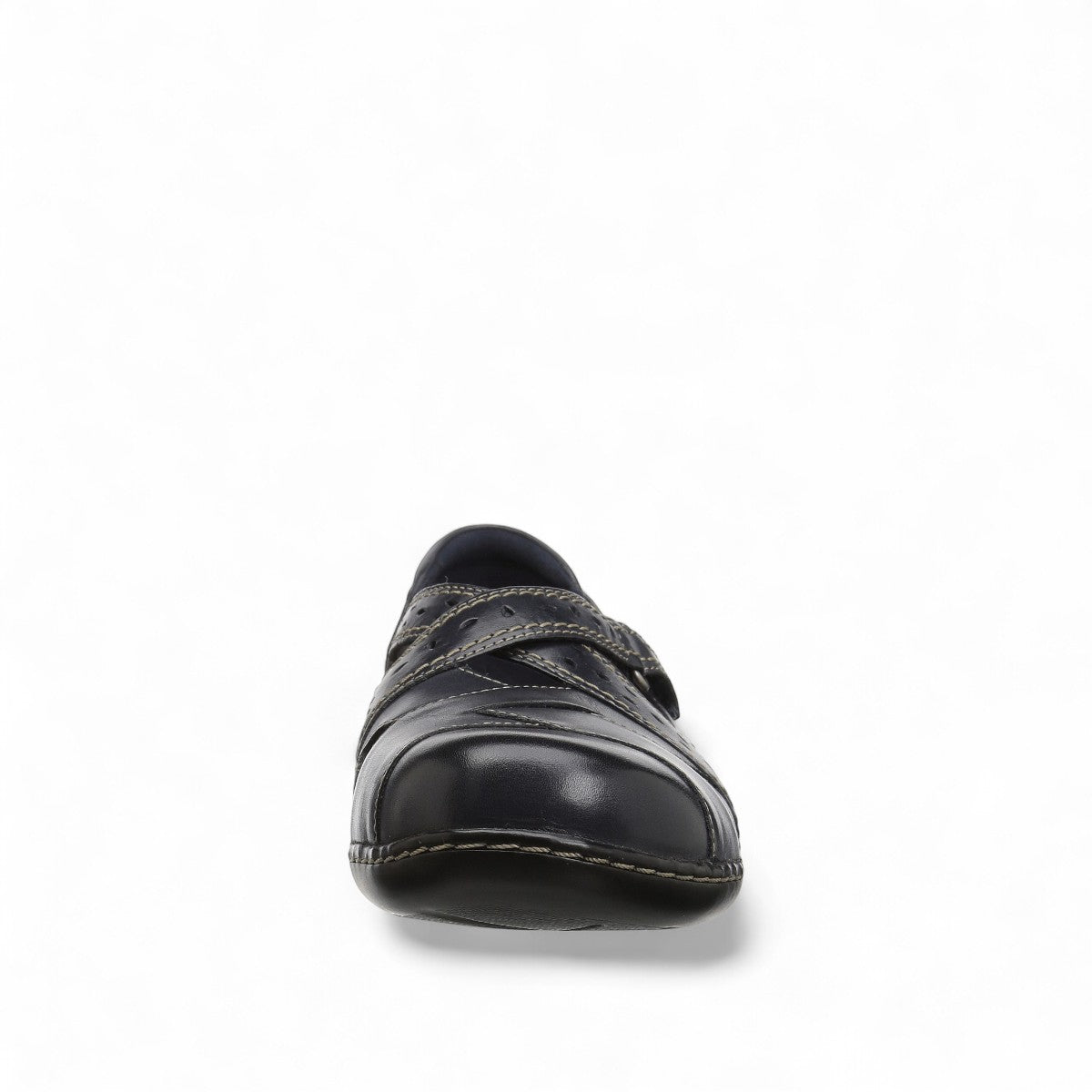 Clarks Ashland Spin Q black leather slip-on shoe with crisscross straps and contrast stitching. front view.