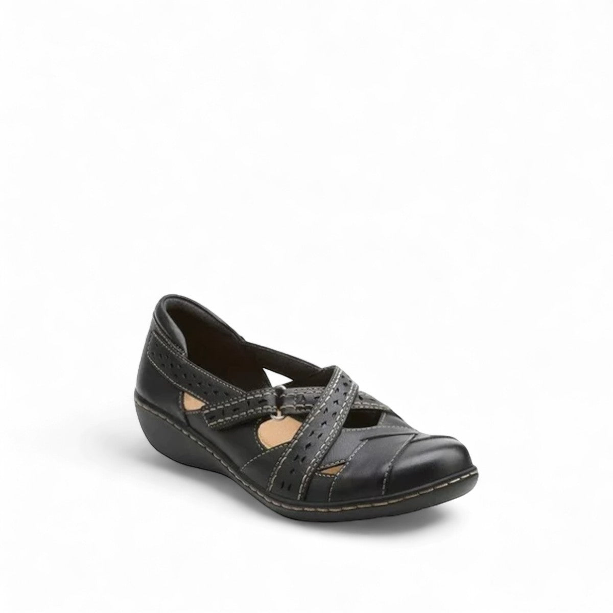 Clarks Ashland Spin Q black leather slip-on shoe with crisscross straps and contrast stitching. front view.
