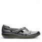 Clarks Ashland Spin Q black leather slip-on shoe with crisscross straps and contrast stitching. right view.