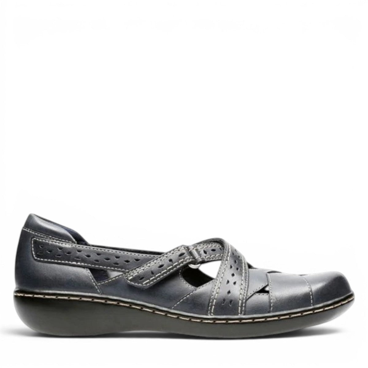 Clarks Ashland Spin Q black leather slip-on shoe with crisscross straps and contrast stitching. right view.