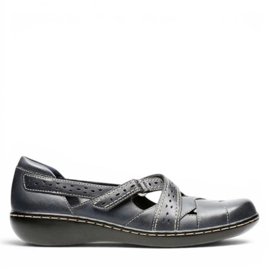 Clarks Ashland Spin Q black leather slip-on shoe with crisscross straps and contrast stitching. right view.