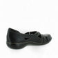 Clarks Ashland Spin Q black leather slip-on shoe with crisscross straps and contrast stitching. back view.