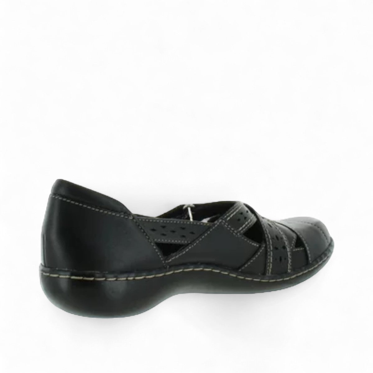 Clarks Ashland Spin Q black leather slip-on shoe with crisscross straps and contrast stitching. back view.