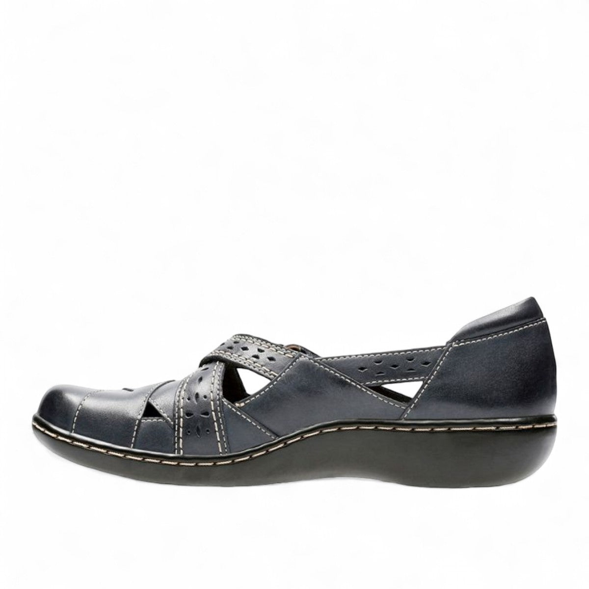Clarks Ashland Spin Q black leather slip-on shoe with crisscross straps and contrast stitching. left view.