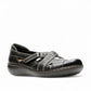 Clarks Ashland Spin Q black leather slip-on shoe with crisscross straps and contrast stitching. front view.