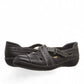 Clarks Ashland Spin Q black leather slip-on shoe with crisscross straps and contrast stitching. front view.