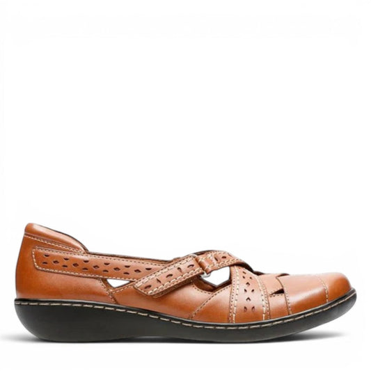 Clarks Ashland Spin Q tan leather slip-on shoe with crisscross straps and contrast stitching. right view.