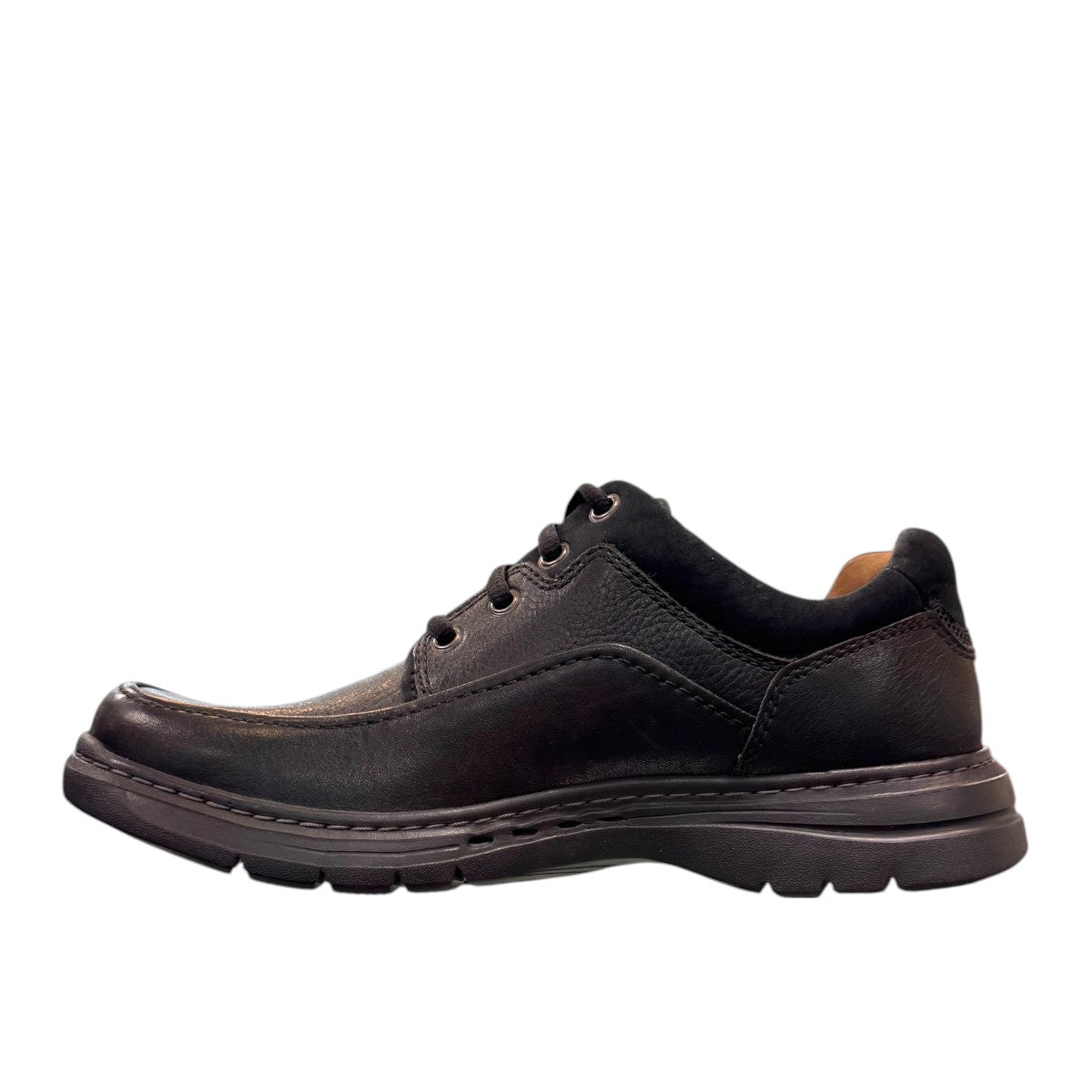 Clarks Un Brawley Lace black leather casual shoe with stitch detailing and a flexible sole. left view