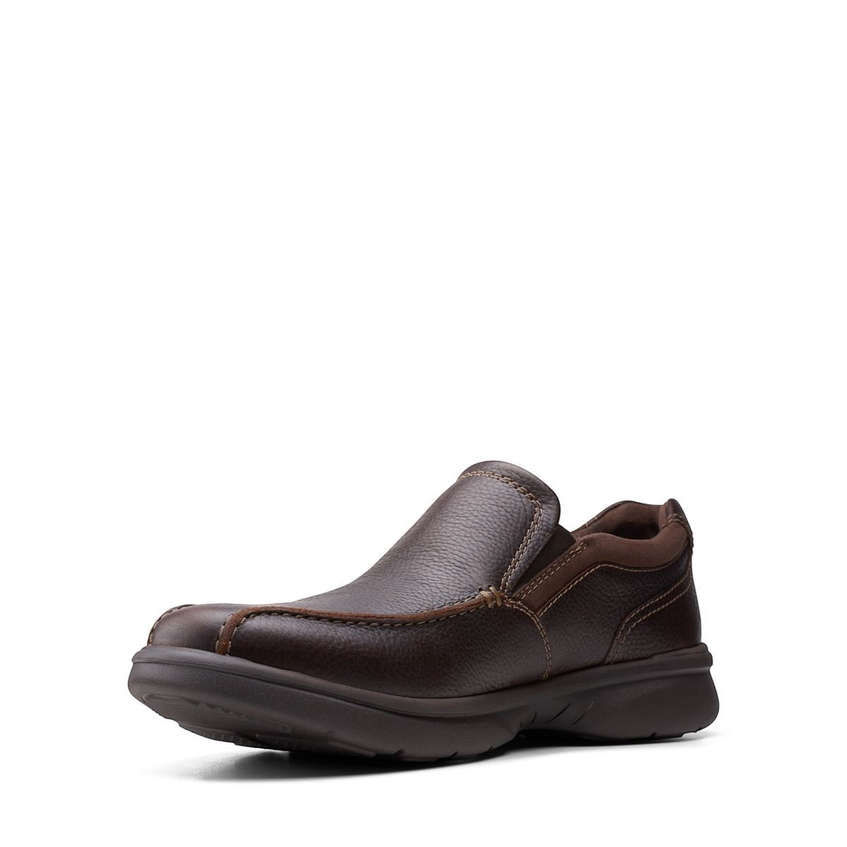 Clarks Bradley Step brown tumbled leather slip-on shoe with elastic gores and cushioned sport sole. front view.