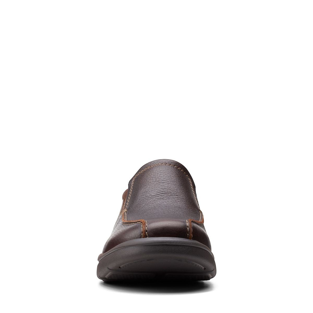 Clarks Bradley Step brown tumbled leather slip-on shoe with elastic gores and cushioned sport sole. front view
