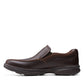 Clarks Bradley Step brown tumbled leather slip-on shoe with elastic gores and cushioned sport sole. left view.