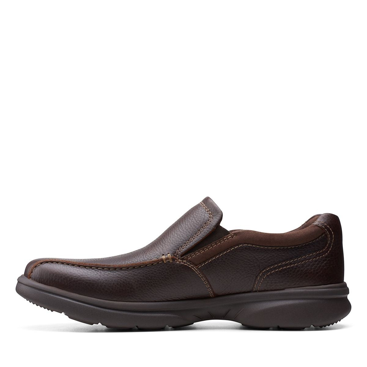 Clarks Bradley Step brown tumbled leather slip-on shoe with elastic gores and cushioned sport sole. left view.