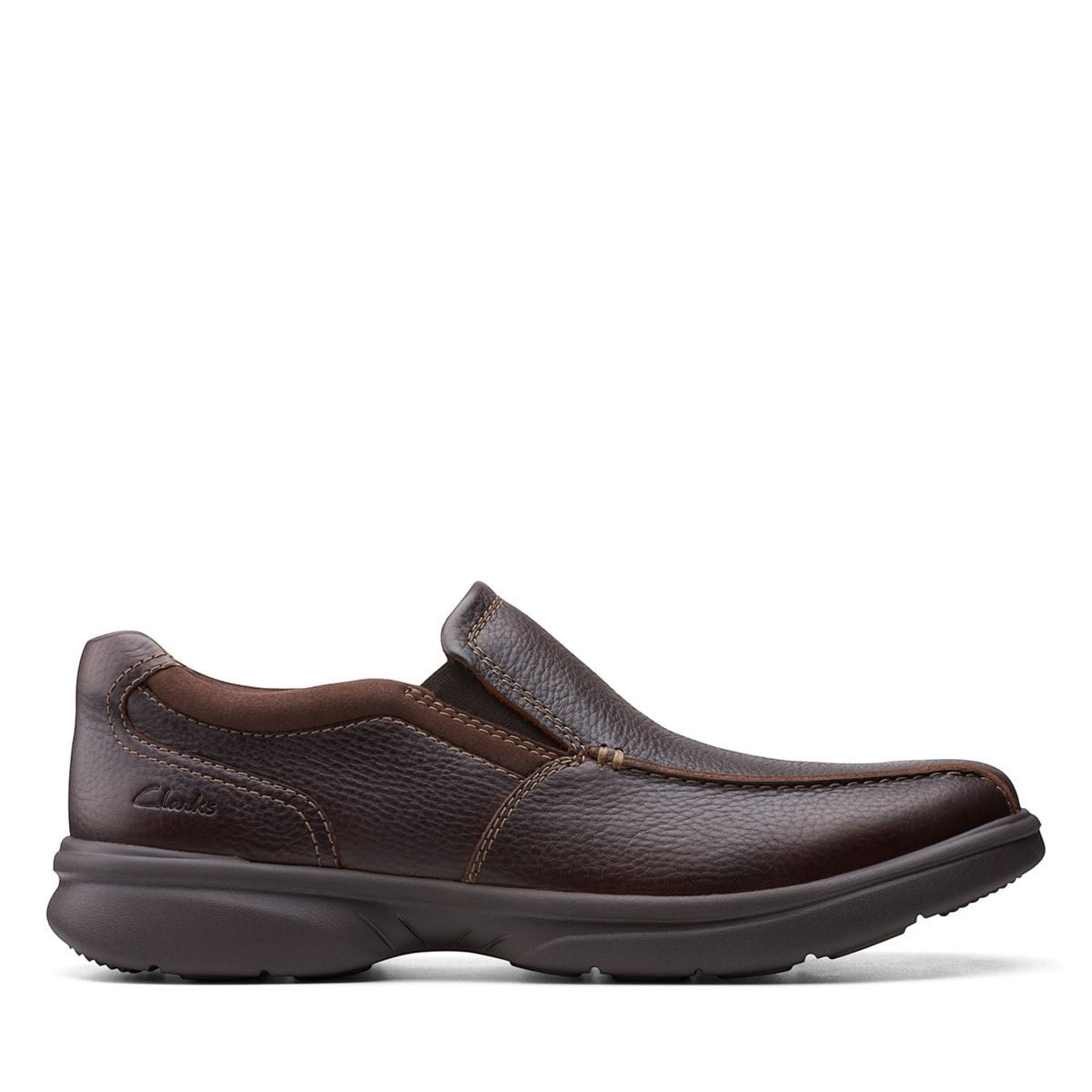 Clarks Bradley Step brown tumbled leather slip-on shoe with elastic gores and cushioned sport sole. right view.