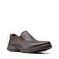 Clarks Bradley Step brown tumbled leather slip-on shoe with elastic gores and cushioned sport sole. front view.