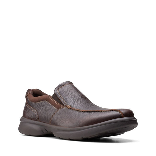 Clarks Bradley Step brown tumbled leather slip-on shoe with elastic gores and cushioned sport sole. front view.