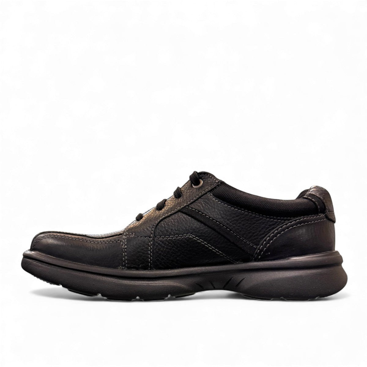 Clarks Bradley Walk black leather lace-up shoe with durable EVA outsole and cushioned footbed. left view.