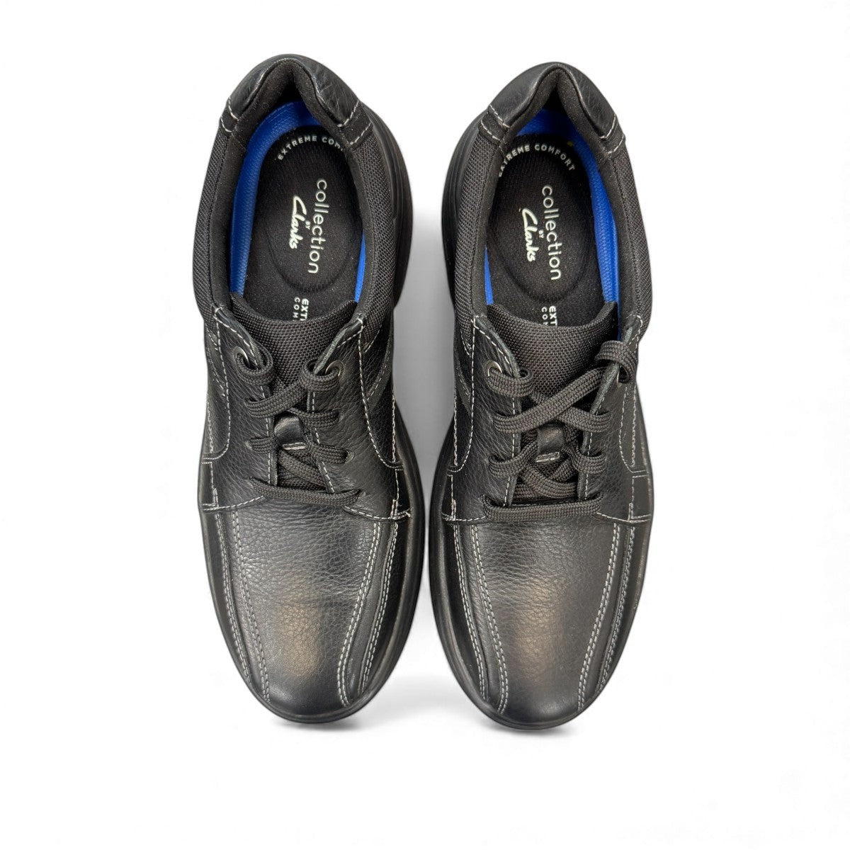 Clarks Bradley Walk black leather lace-up shoe with durable EVA outsole and cushioned footbed. top view.