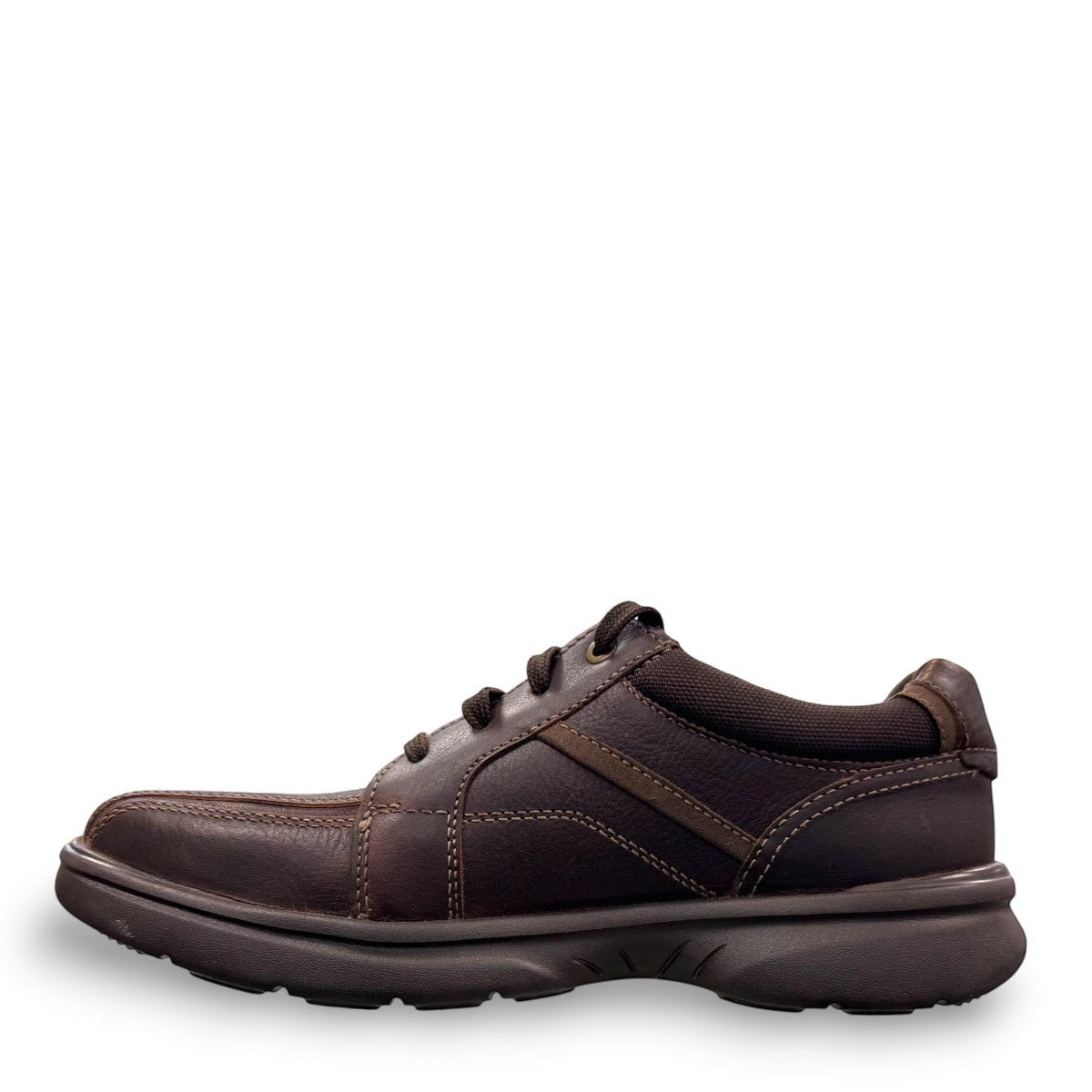 Clarks Bradley Walk brown tumbled leather lace-up shoe with padded collar and lightweight EVA outsole.
photo of the left side.