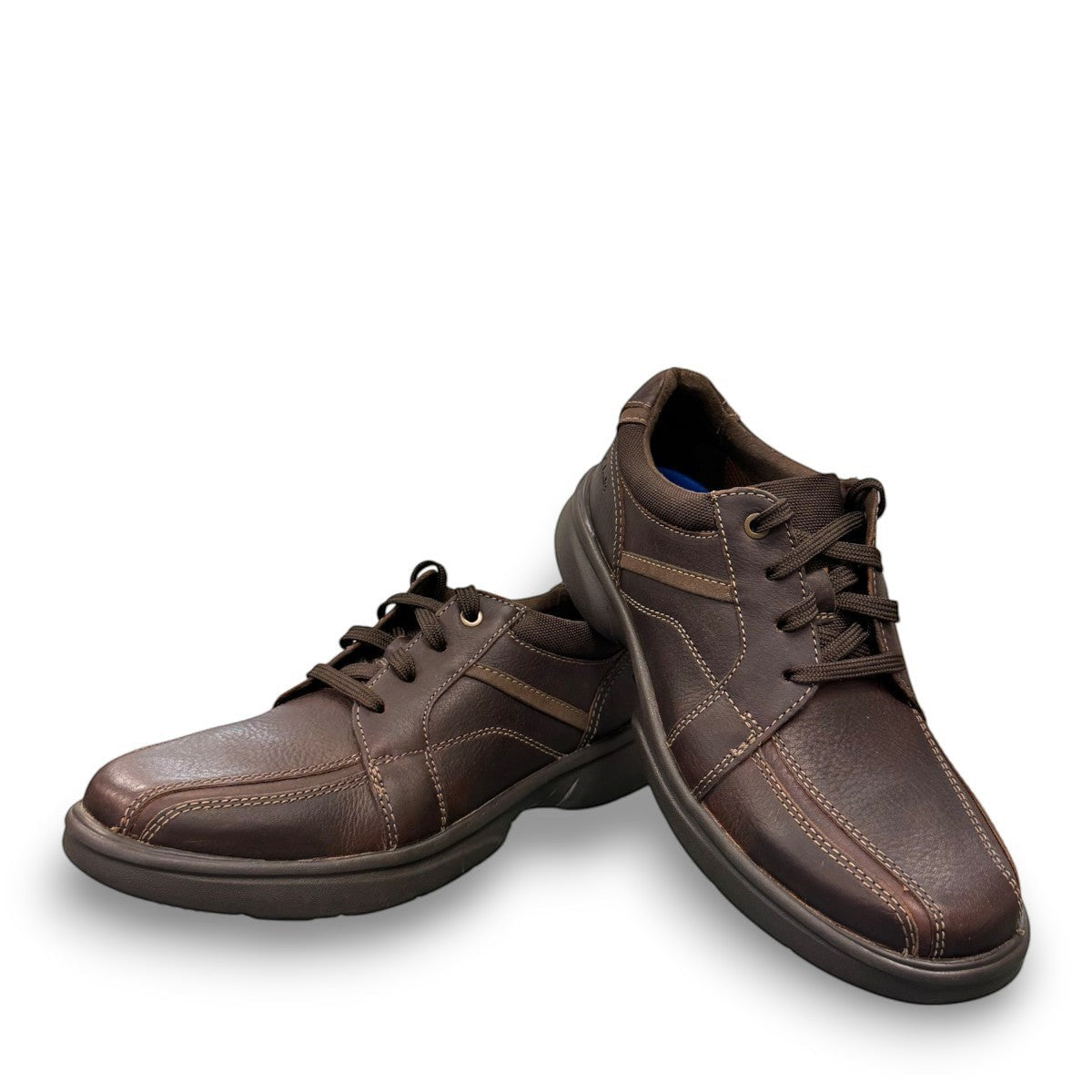 Clarks Bradley Walk brown tumbled leather lace-up shoe with padded collar and lightweight EVA outsole.
photo of the front.
