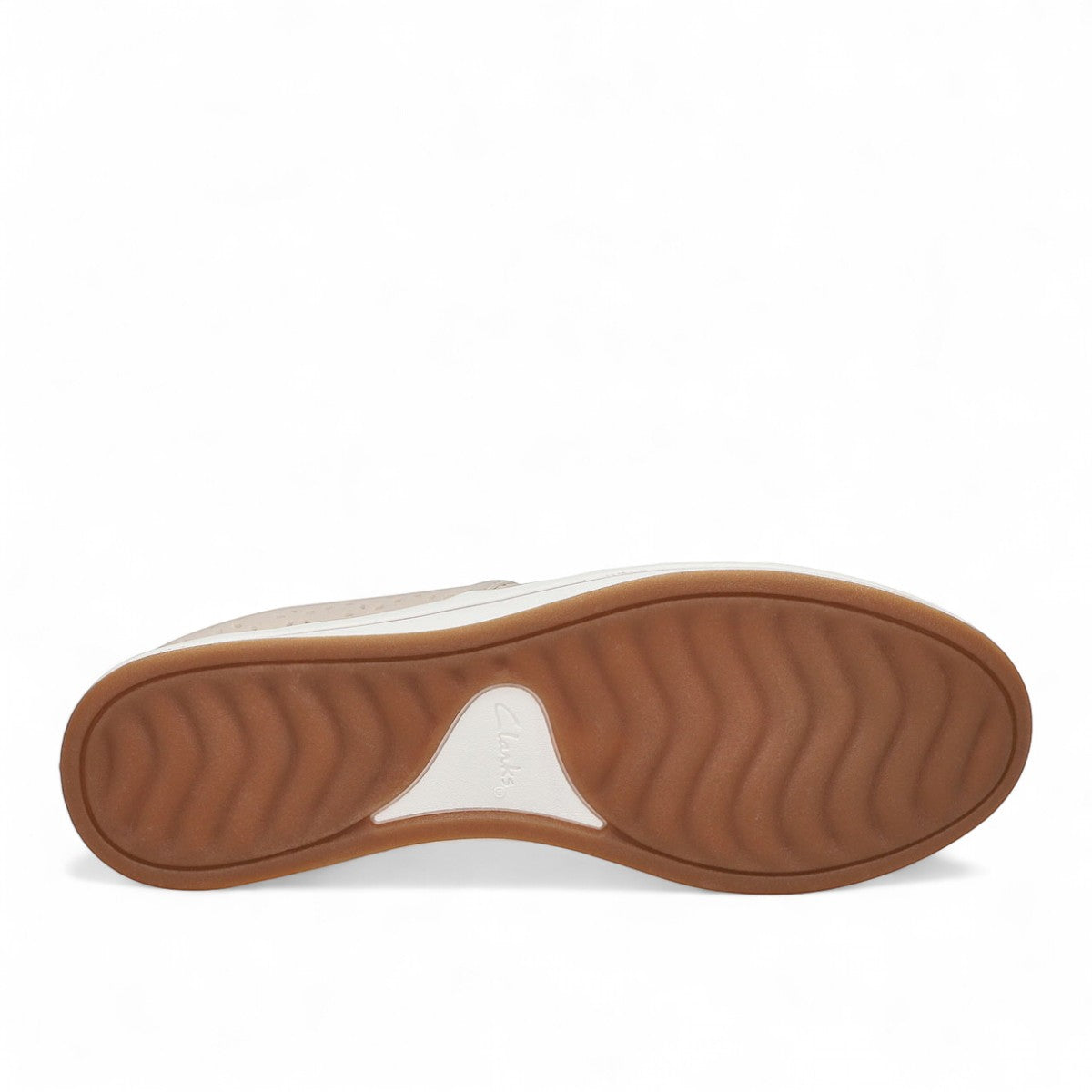 Clarks Breeze Emily light taupe textile slip-on shoe with perforated floral design and EVA footbed. photo of the bottom.