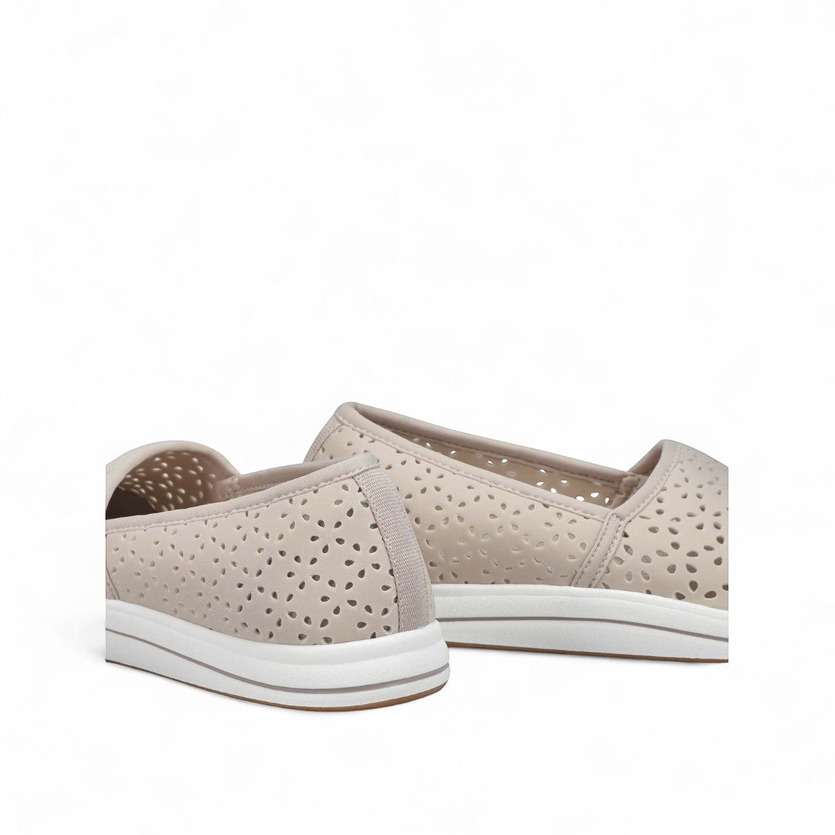 Clarks Breeze Emily light taupe textile slip-on shoe with perforated floral design and EVA footbed. photo of the back.
