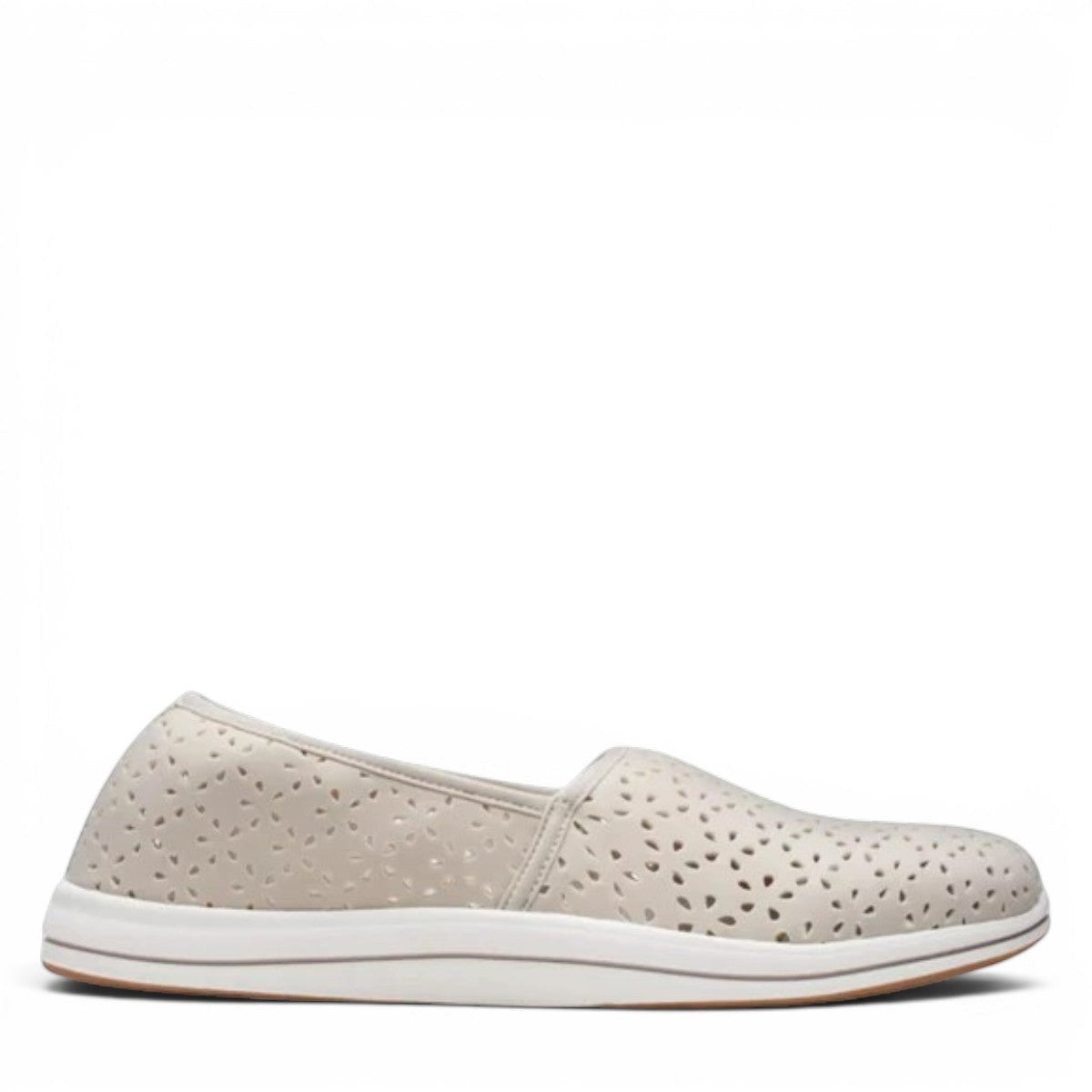 Clarks Breeze Emily light taupe textile slip-on shoe with perforated floral design and EVA footbed. photo of the right side.