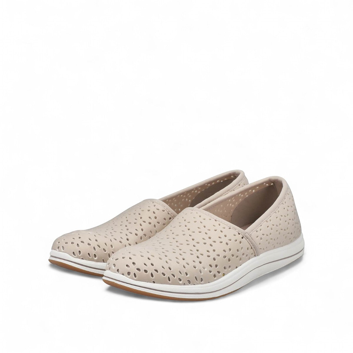Clarks Breeze Emily light taupe textile slip-on shoe with perforated floral design and EVA footbed. photo of the left side.