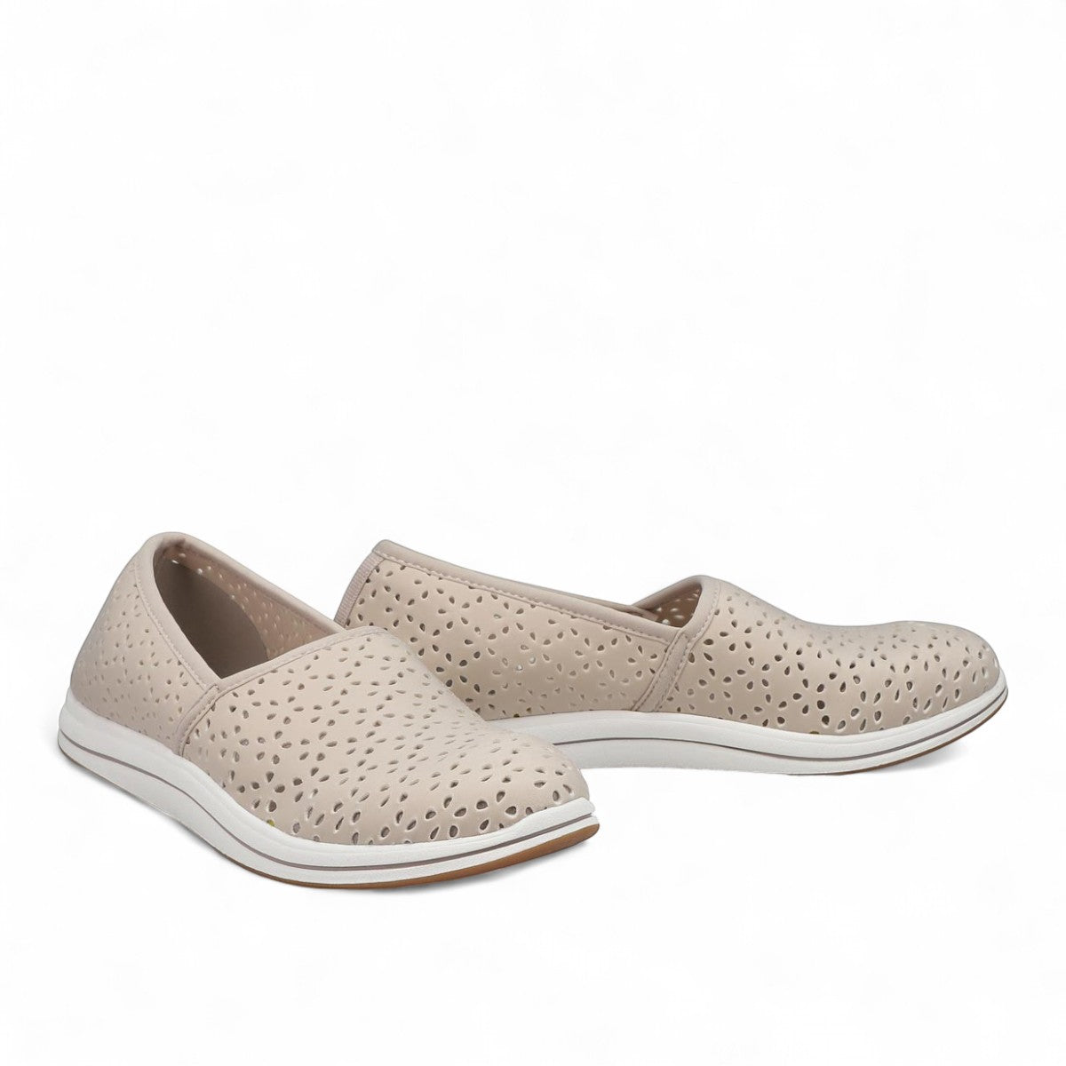 Clarks Breeze Emily light taupe textile slip-on shoe with perforated floral design and EVA footbed. photo of the front.