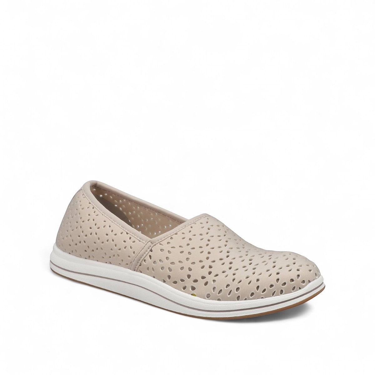 Clarks Breeze Emily light taupe textile slip-on shoe with perforated floral design and EVA footbed. photo of the front.