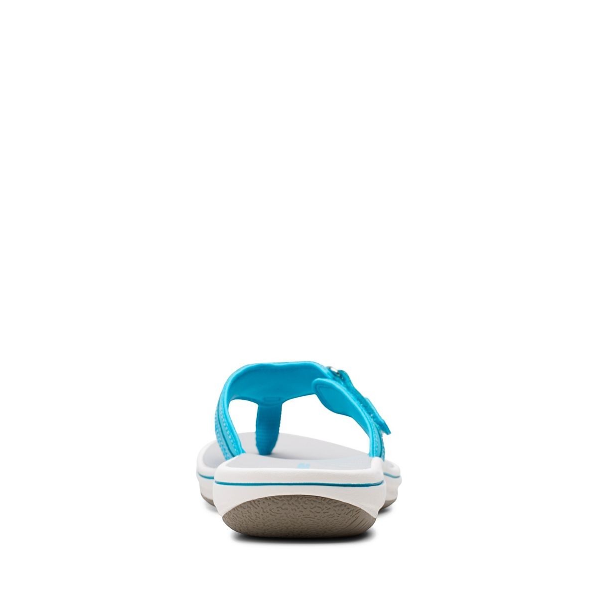 Clarks Breeze Sea aqua synthetic flip-flops with a lightweight sole and adjustable strap closure. back view.