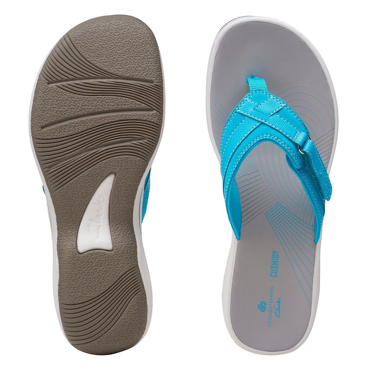 Clarks Breeze Sea aqua synthetic flip-flops with a lightweight sole and adjustable strap closure. top view.