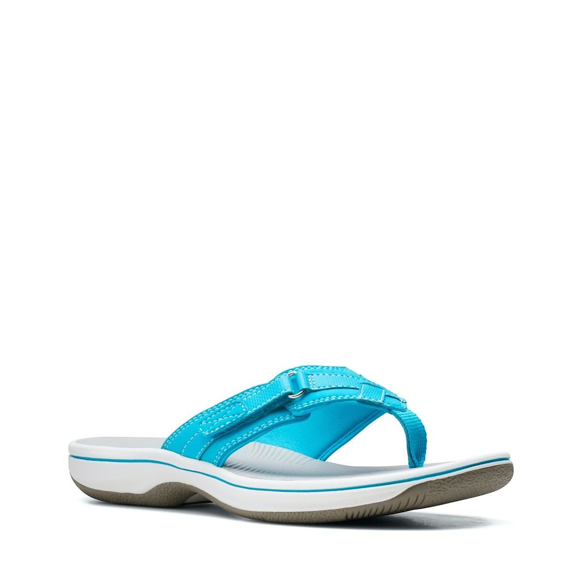 Clarks Breeze Sea aqua synthetic flip-flops with a lightweight sole and adjustable strap closure. right view.
