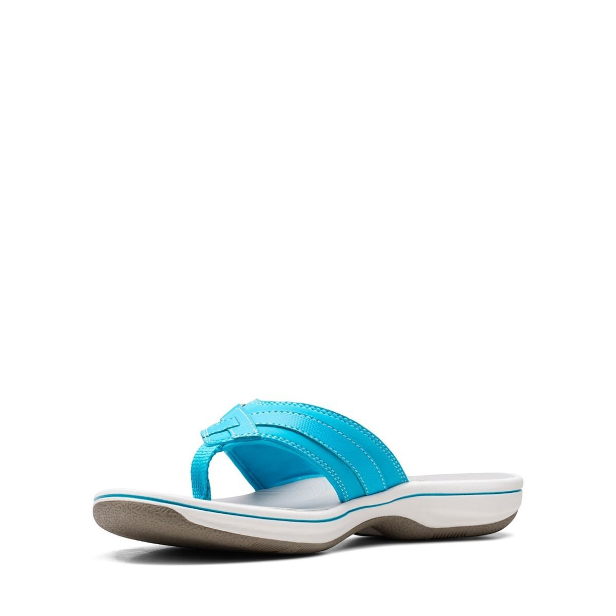 Clarks Breeze Sea aqua synthetic flip-flops with a lightweight sole and adjustable strap closure. left view.