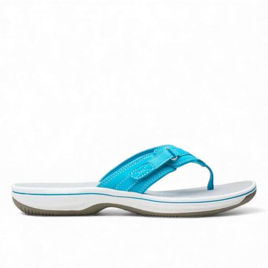 Clarks Breeze Sea aqua synthetic flip-flops with a lightweight sole and adjustable strap closure. right view.