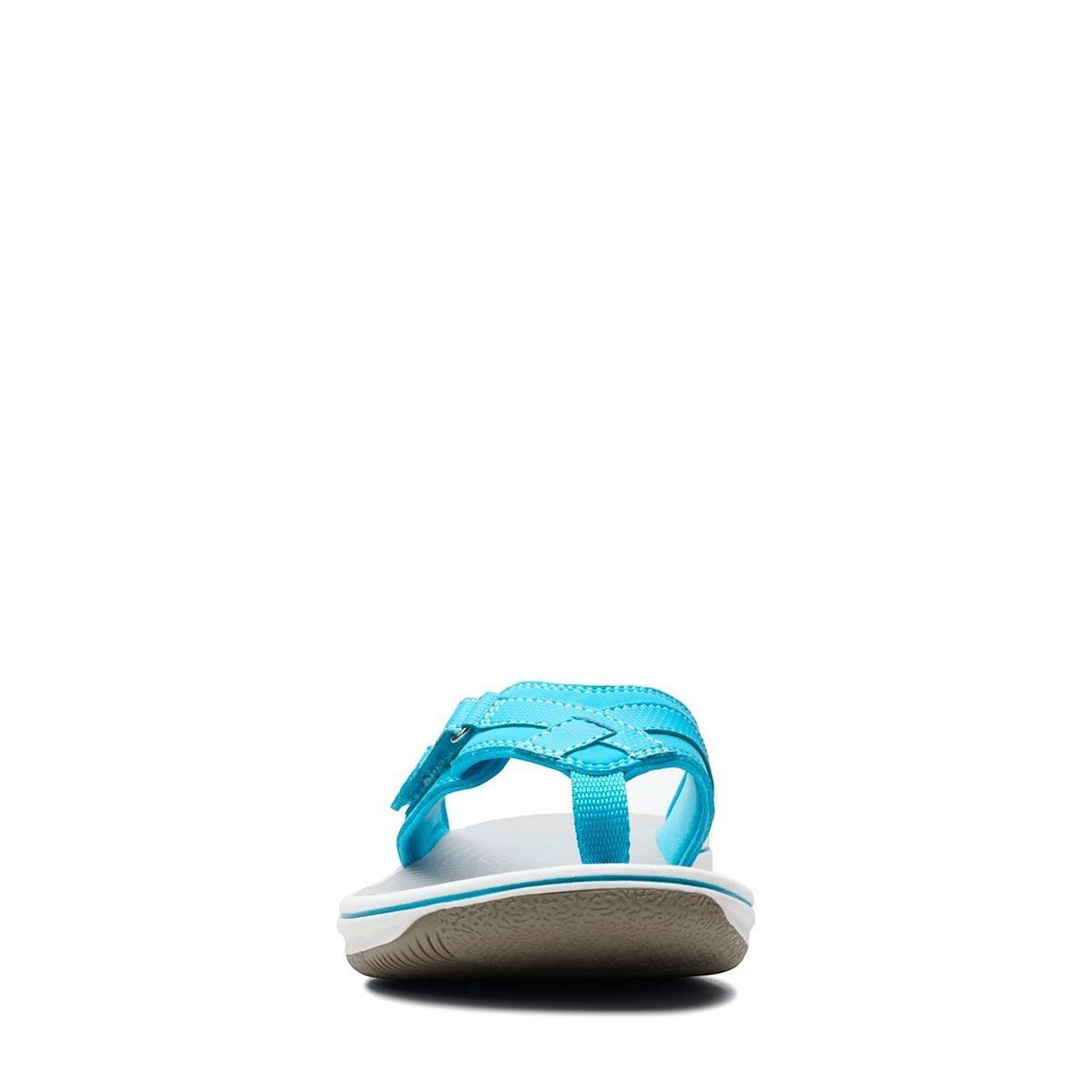 Clarks Breeze Sea aqua synthetic flip-flops with a lightweight sole and adjustable strap closure. front view.