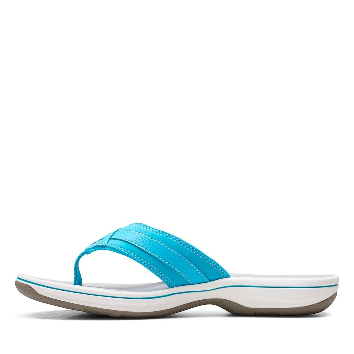 Clarks Breeze Sea aqua synthetic flip-flops with a lightweight sole and adjustable strap closure. left view.