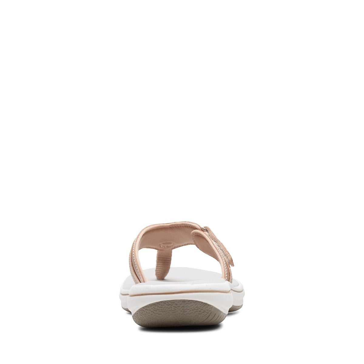 Clarks Breeze Sea beige flip-flops with a lightweight sole and adjustable strap closure for summer wear. back view.
