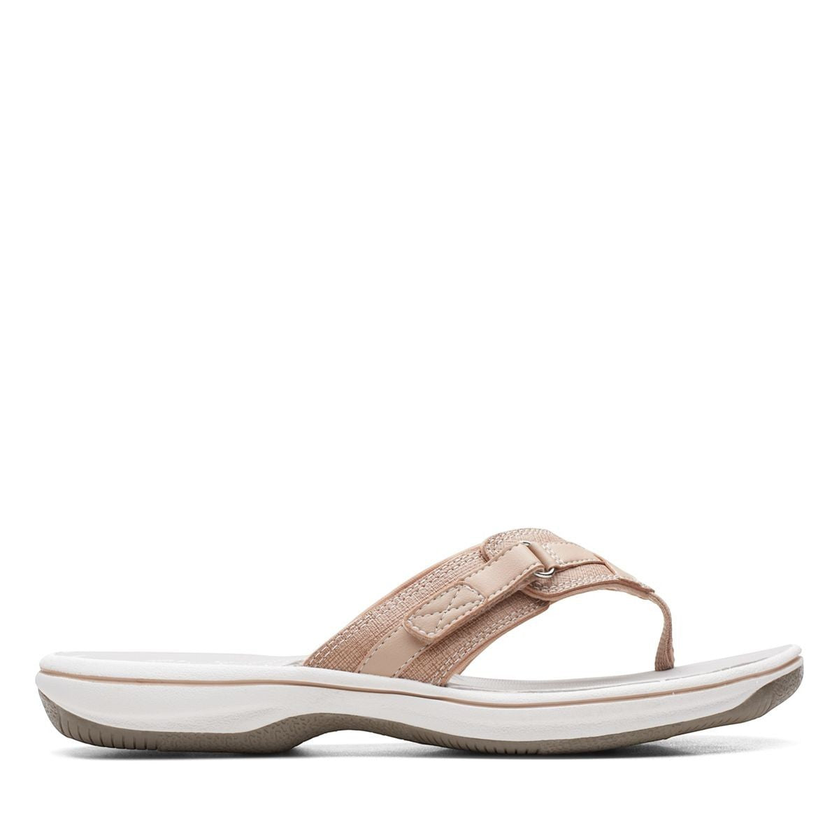 Clarks Breeze Sea beige flip-flops with a lightweight sole and adjustable strap closure for summer wear. right view.