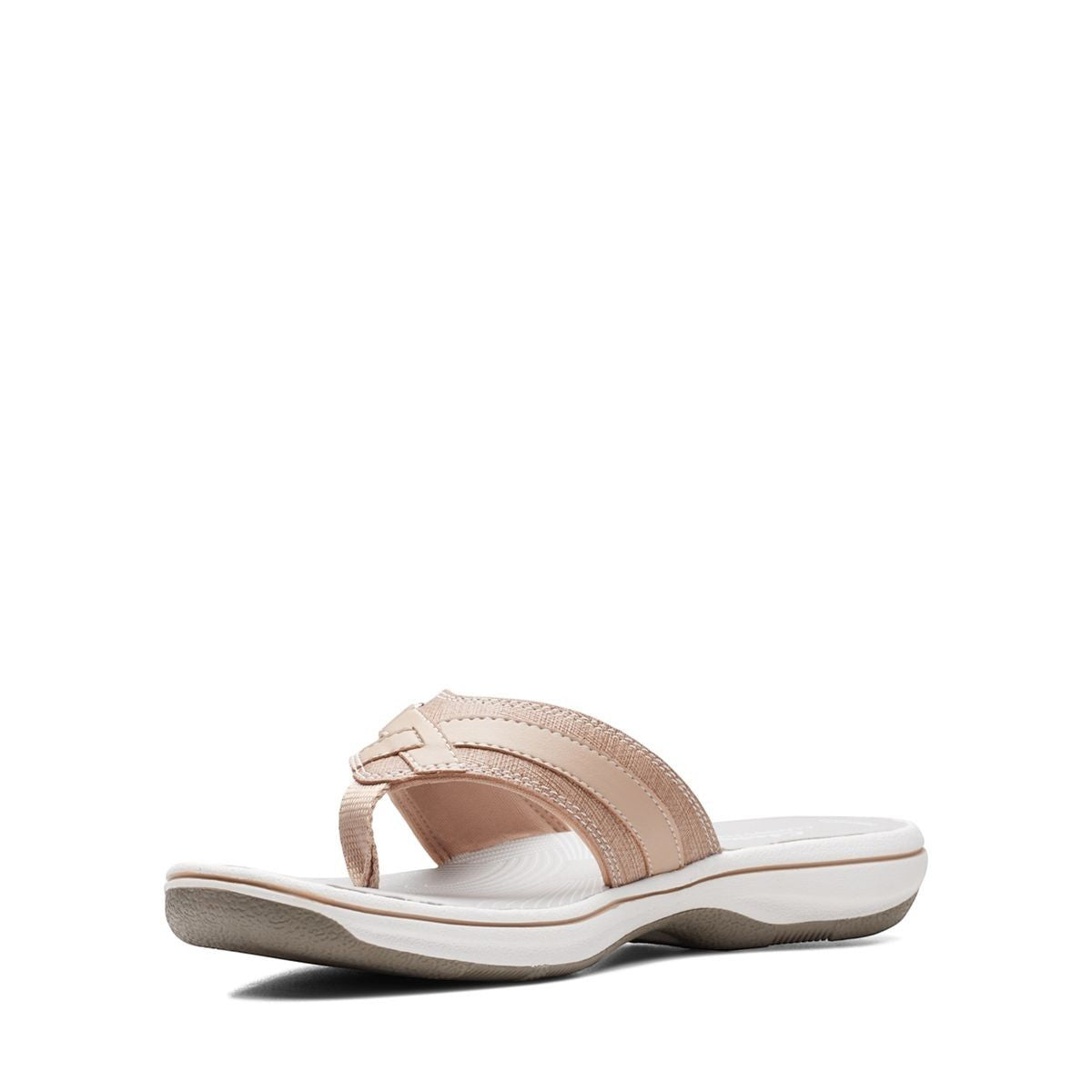Clarks Breeze Sea beige flip-flops with a lightweight sole and adjustable strap closure for summer wear.left view.