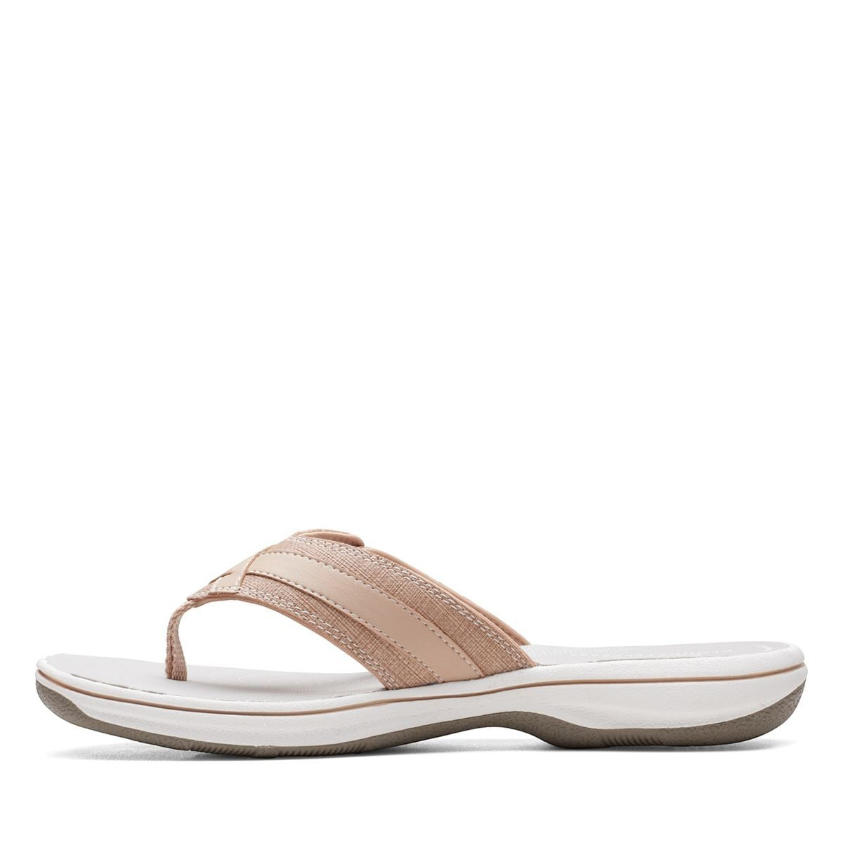Clarks Breeze Sea beige flip-flops with a lightweight sole and adjustable strap closure for summer wear. left view.