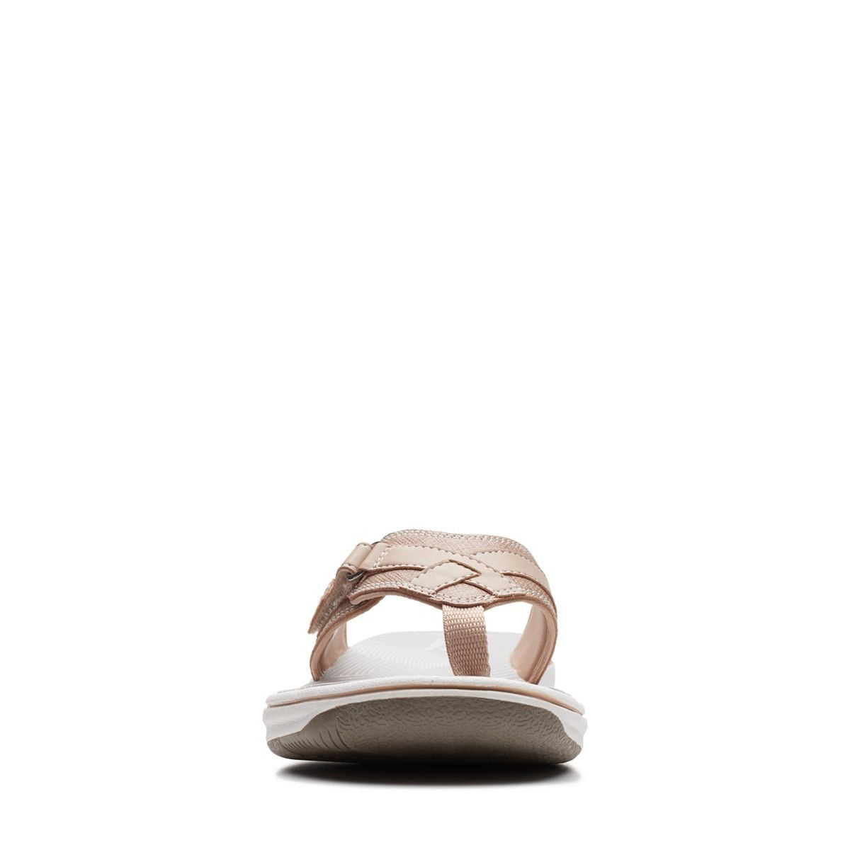Clarks Breeze Sea beige flip-flops with a lightweight sole and adjustable strap closure for summer wear. front view.