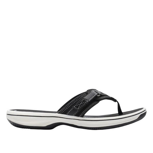 Clarks Breeze Sea black synthetic flip-flops with a lightweight sole and adjustable strap closure. right view.