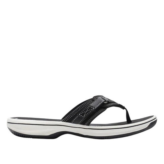 Clarks Breeze Sea black synthetic flip-flops with a lightweight sole and adjustable strap closure. right view.