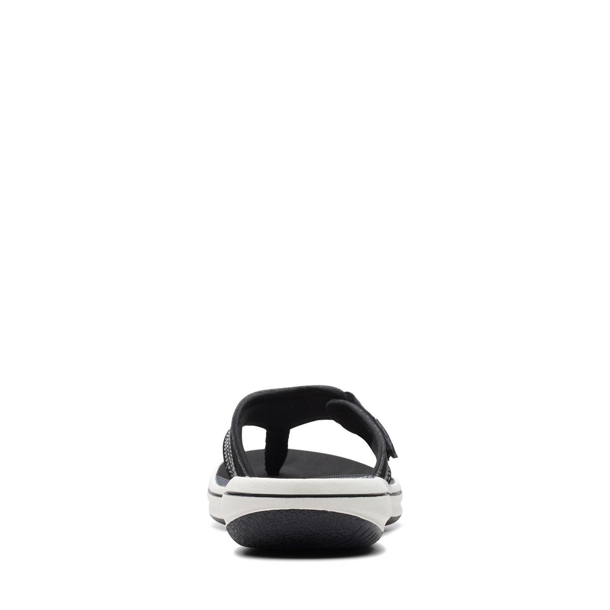 Clarks Breeze Sea black synthetic flip-flops with a lightweight sole and adjustable strap closure.  back view.