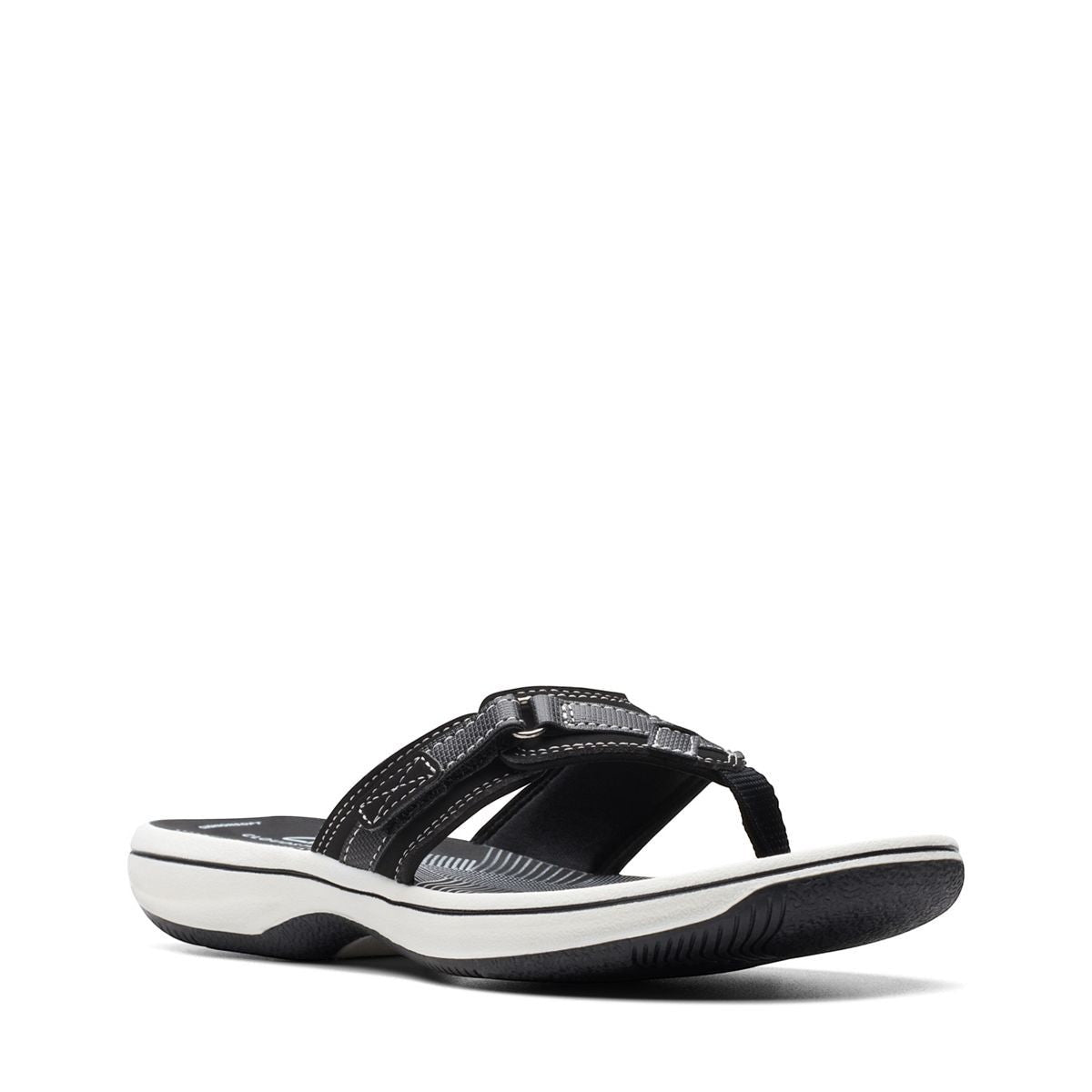 Clarks Breeze Sea black synthetic flip-flops with a lightweight sole and adjustable strap closure.  front view.