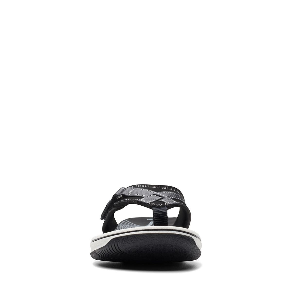 Clarks Breeze Sea black synthetic flip-flops with a lightweight sole and adjustable strap closure.  front view.