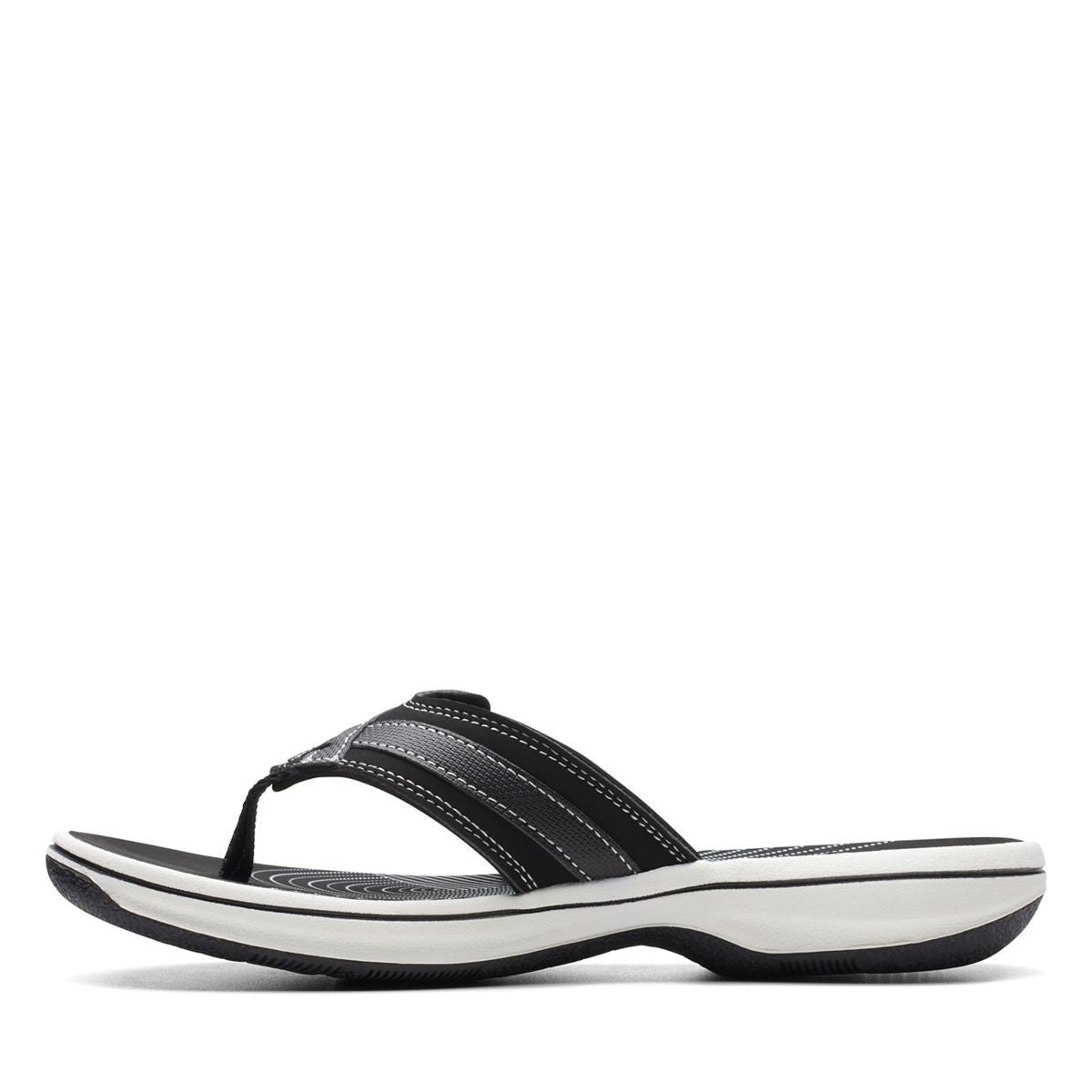 Clarks Breeze Sea black synthetic flip-flops with a lightweight sole and adjustable strap closure. left view.