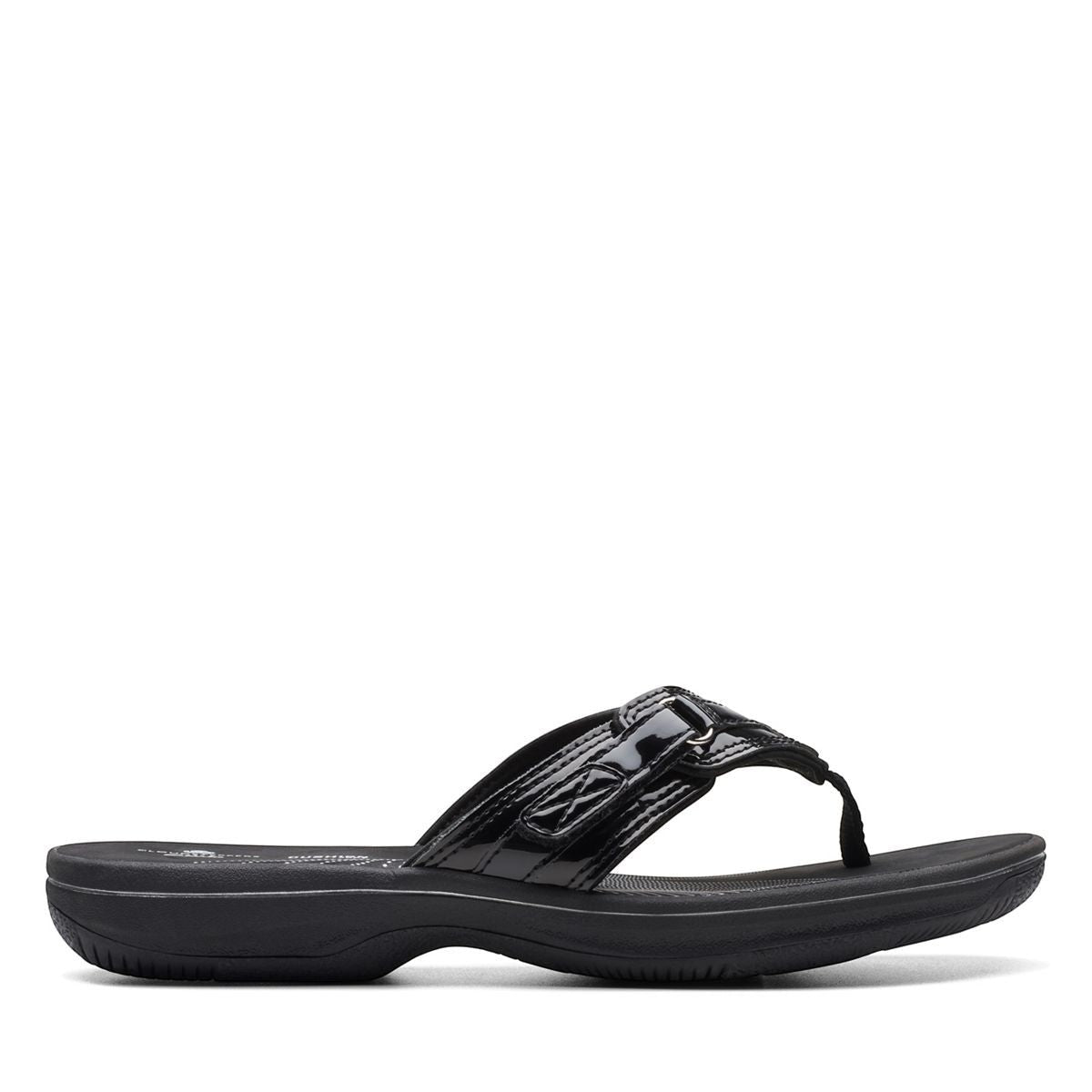 Clarks Breeze Sea black patent flip-flops with a lightweight sole and adjustable strap closure. right view.