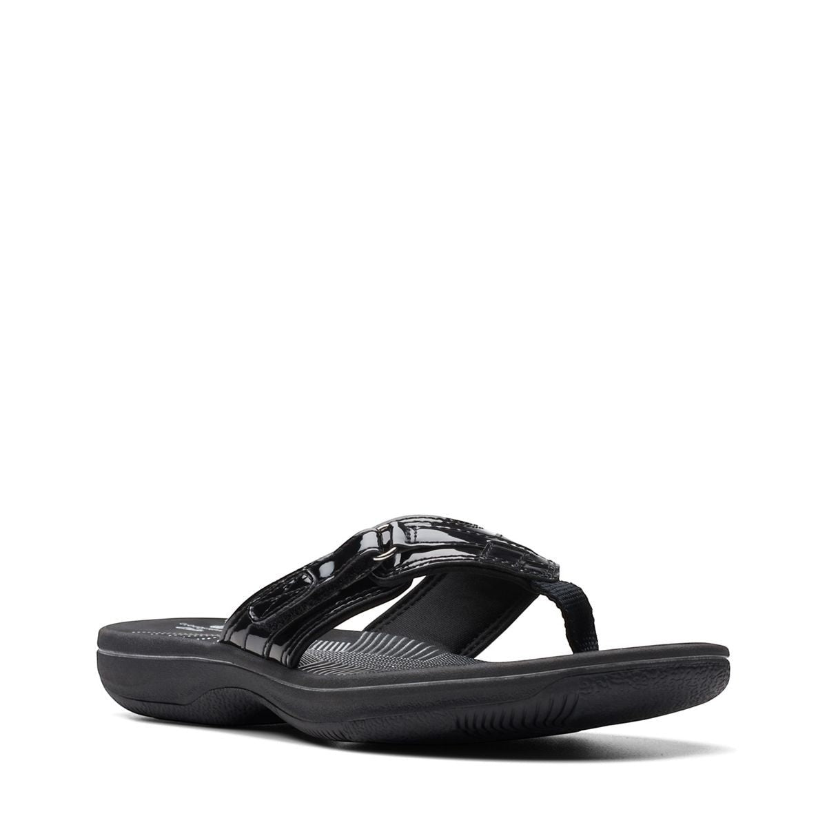 Clarks Breeze Sea black patent flip-flops with a lightweight sole and adjustable strap closure. right view.
